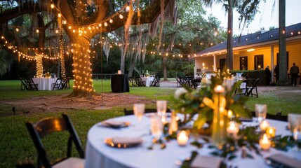 Romantic Outdoor Wedding Reception with String Lights Under the Tree at Evening Time