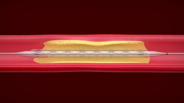 Balloon angioplasty procedure with stent placement inside blood vessel
