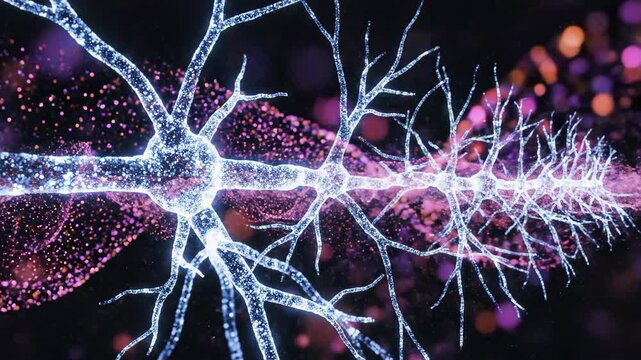 Colorful Digital Illustration Of A Neuron With Glowing Synapses In Motion Effectively Showing Brain Activity Or Synaptic Transmission