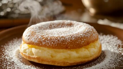 Fresh warm cream-filled pastry dusted with powdered sugar on a rustic plate, capturing soft texture, sweetness and inviting golden bakery perfection
