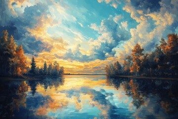 An amazing autumn landscape, where yellow trees and the sky with clouds are reflected in the lake. Magnificent, Splendid, Marvelous, Stunning, Impressive, Spectacular, Exquisite