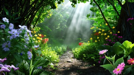 Serene Forest Path Surrounded by Vibrant Wildflowers and Soft Sunlight Breaking Through the Canopy