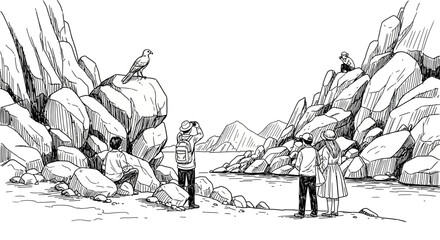Obraz premium Coastal wildlife watching expedition ink drawing featuring bird watchers and a majestic raptor