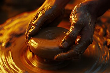 Artistic work with clay – a close-up of hands creating ceramics on a wheel