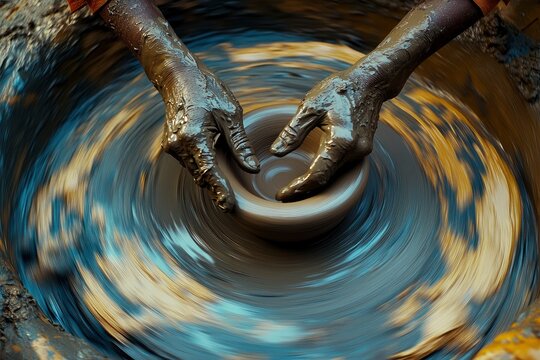 Ceramic art therapy – molding clay with your hands on a potter's wheel