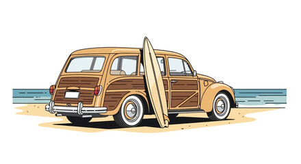 Vintage woody wagon on beach shore with surfboard evokes coastal lifestyle