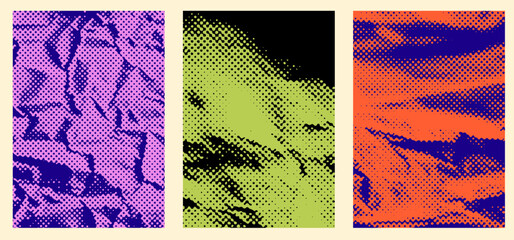 Vector illustration features bold halftone pop art Y2K textures in vibrant orange, green, and blue. Organic shapes and dots evoke a comic book feel, highlighting patterns and abstract paper surfaces.