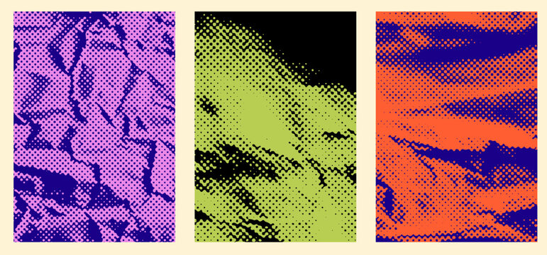 Vector illustration features bold halftone pop art Y2K textures in vibrant orange, green, and blue. Organic shapes and dots evoke a comic book feel, highlighting patterns and abstract paper surfaces.