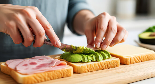 Preparing fresh avocado slices on bread for sandwich
