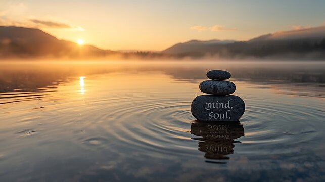 Zen stone cairn balanced on calm water surface with misty sunrise over mountains and tranquil lake