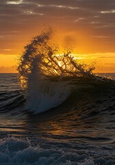 Golden sunlight catches the crest of a massive ocean wave crashing vigorously during the early morning hours, creating beautiful spray ,liquid ,horizon ,crest
