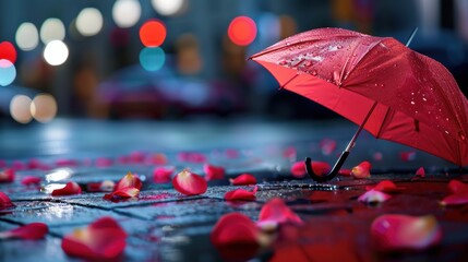 Vibrant Red Umbrella Surrounded by Rose Petals on Wet Street at Night with Soft City Lights in Background