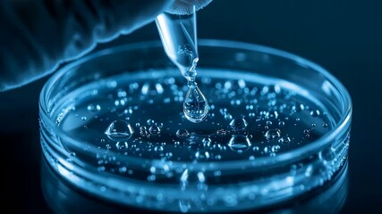 Droplet falling from a laboratory pipette into a petri dish filled with liquid and bubbles under cool scientific lighting in a sterile research setting - Powered by Adobe