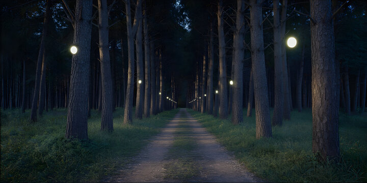 Enchanted forest path illuminated by glowing orbs at late night