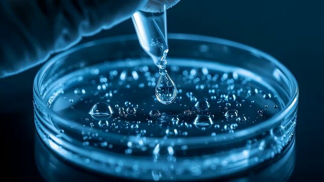 Droplet falling from a laboratory pipette into a petri dish filled with liquid and bubbles under cool scientific lighting in a sterile research setting