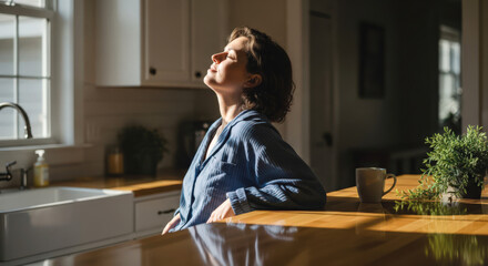 Woman enjoying morning sun in kitchen