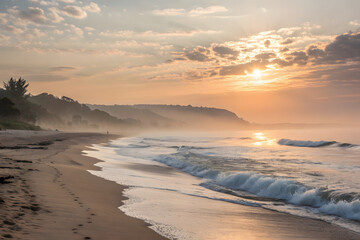 Tranquil Ocean Sunset with Gentle Waves and Golden Sky Reflections