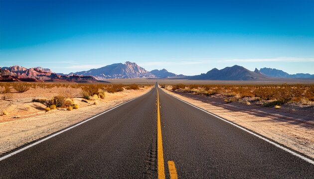 open road stretching into desert landscape with distant mountains symbolizes journey and exploration - Powered by Adobe