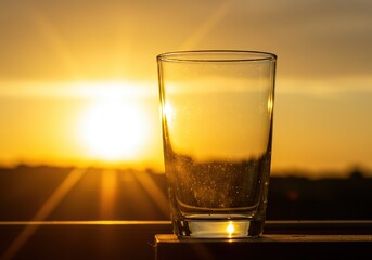 Golden sunlight streams through clear glass, creating bright reflections and a serene, warm atmosphere, highlighting transparency and purity ,refraction ,sun ,optical