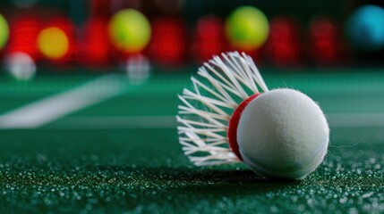 Close Up of a Shuttlecock with Vibrant Background on a Badminton Court Surface for Sports and Fitness Imagery