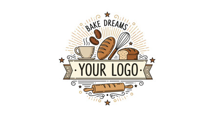 Charming bakery logo design with coffee, bread, and baking utensils for