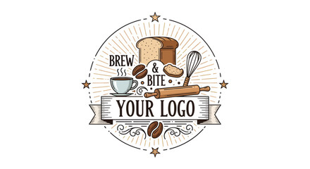 Distinctive bakery and coffee shop logo with baking tools and ingredients for