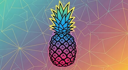 Obraz premium A stylized, modern graphic illustration of a pineapple with a vibrant gradient of blue, pink, and yellow, set against a geometric, lowpoly background with intersecting lines