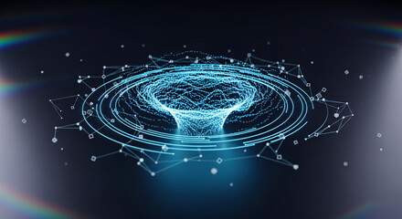 Abstract digital vortex with glowing lines and dots, representing data flow and connection