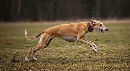 Graceful and powerful greyhound in a magnificent full sprint, displaying its athletic prowess and swift motion across open terrain ,energy ,active ,short fur