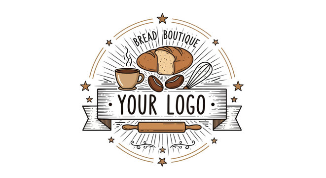 Bakery Boutique Emblem with Bread Coffee and Baking Utensils for branding