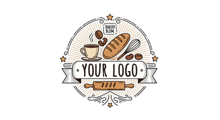 Artistic Bakery and Coffee Shop Emblem with Customizable Text on Ribbon