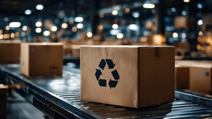 Cardboard box with recycling symbol on conveyor in high-tech warehouse, exemplifying sustainable logistics.