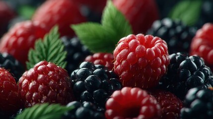 Close-up of fresh raspberries and blackberries on green leaves, showcasing summer harvest and healthy eating concepts.