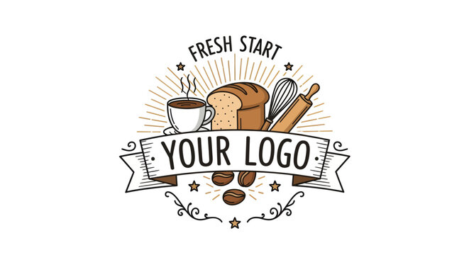 Fresh Start bakery logo concept with coffee bread and baking tools design