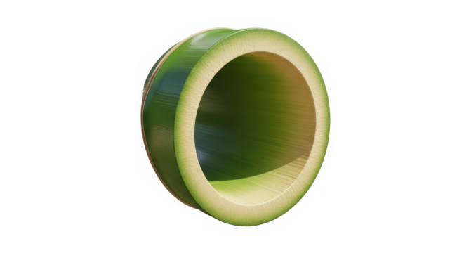 A single sliced green bamboo stalk segment with a hollow interior and natural texture isolated on transparent background