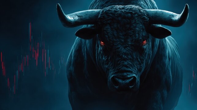 A powerful bull with glowing eyes against a blue backdrop, highlighted by financial candlestick charts, symbolizing market optimism and strength.