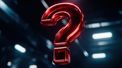 A vivid red question mark floats in a dark void, highlighted by dramatic lighting, ideal for concepts of curiosity and mystery in advertising or editorial content.