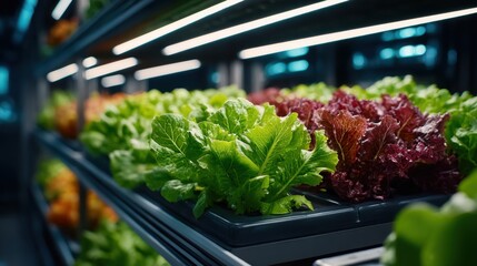 Close-up of vibrant green, red, and orange lettuce in a hydroponic system, showcasing sustainable agriculture and eco-friendly farming practices.