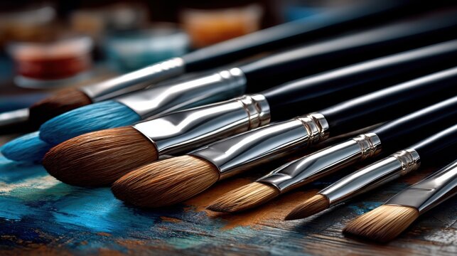 Artist's workspace with an assortment of paintbrushes on a canvas splashed with vibrant colors.