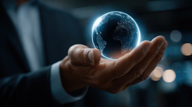 Businessman holding a glowing Earth, symbolizing global business, communication, and interconnectedness through digital networks.