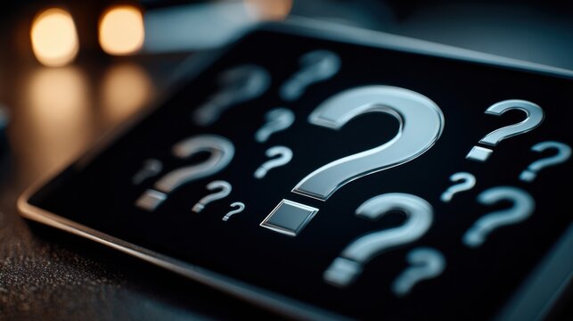 Silver question marks hover above a tablet, symbolizing digital knowledge, AI, and data analysis in technology.