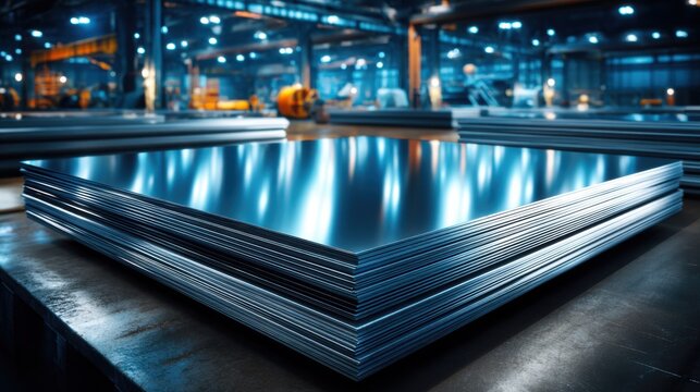Stack of polished metal sheets in an industrial warehouse with blue ambient lighting, perfect for manufacturing or industrial usage concepts.