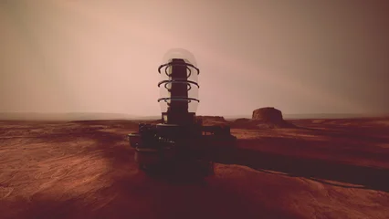 Gordijnen Bordeaux A rover stands ready on the dusty terrain of Mars, its structure reflecting the pale sunlight. The landscape showcases distant rocks under a hazy sky, setting the stage for exploration.  © icetray