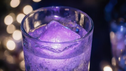 Purple cocktail with ice cube in a glass, bokeh background.