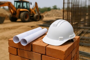 Construction Site Essentials: A close-up view unveils the tools and materials of construction: blueprints, a hardhat, and red bricks against the backdrop of a construction site.