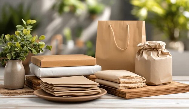 Closeup medium shot of plantbased packaging materials displayed on table emphasizing sustainable and compostable wrapping with softened surroundings