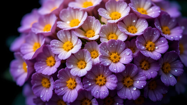 Extreme Macro Close-up of Light Purple and Yellow Flower Cluster with Water Droplets on Petals for Detailed Nature and Abstract Floral Backgrounds