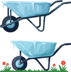Frozen wheelbarrows with ice and snow on grass background  