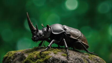 Magnificent rhinoceros beetle perched on a mossy rock in natural habitat.