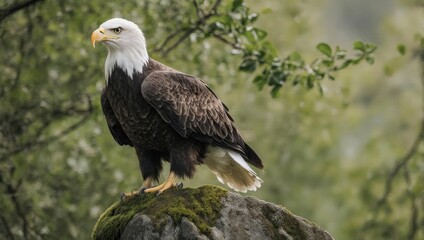 Majestic Bald Eagle Perched on a Mossy Rock in a Lush Forest Setting.